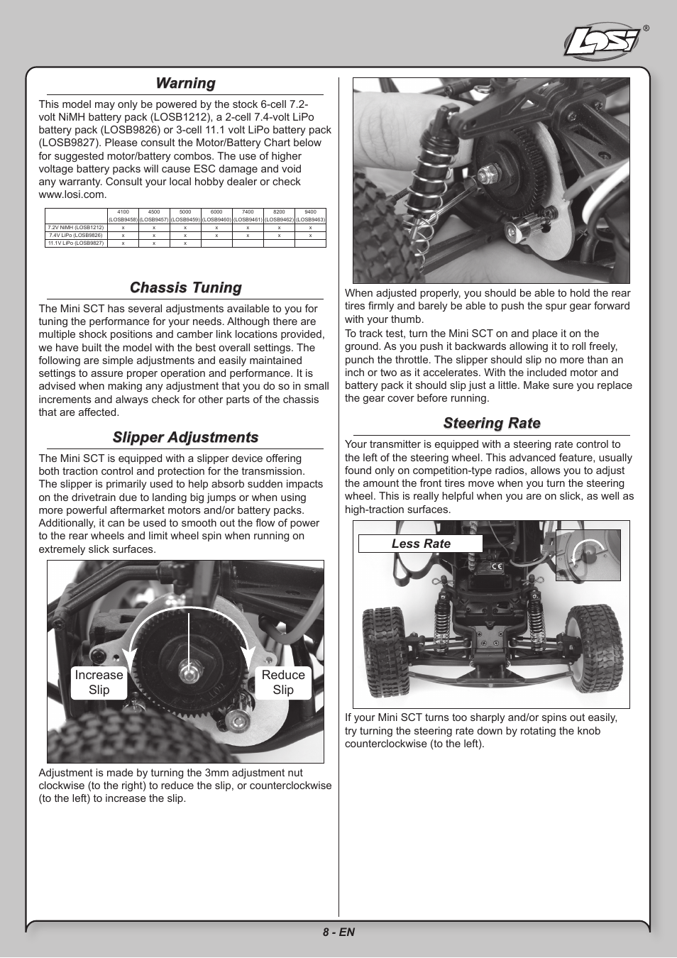 Warning, Chassis tuning, Slipper adjustments | Steering rate, Increase slip reduce slip, Less rate | Losi LOSB0211 User Manual | Page 8 / 18