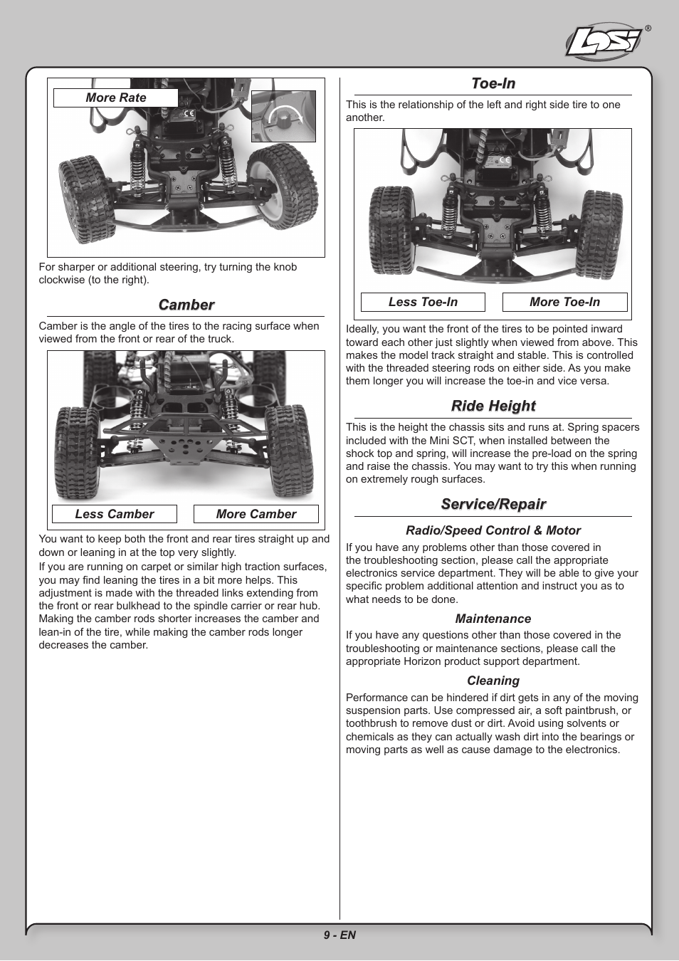 Camber, Toe-in, Ride height | Service/repair | Losi LOSB0211 User Manual | Page 9 / 18