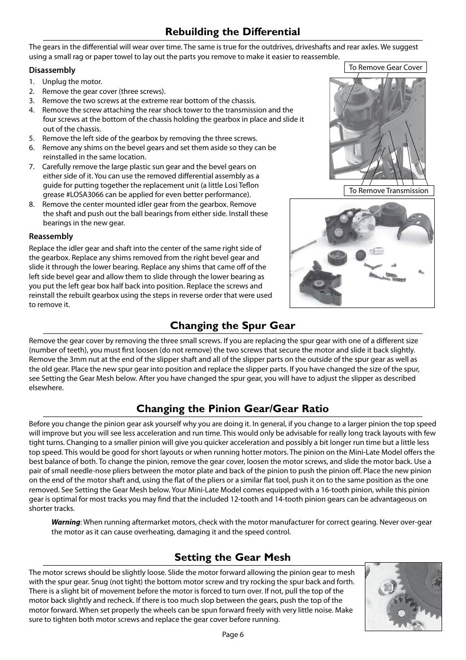 Rebuilding the differential, Changing the spur gear, Changing the pinion gear/gear ratio | Setting the gear mesh | Losi LOSB0221 Manual User Manual | Page 6 / 12