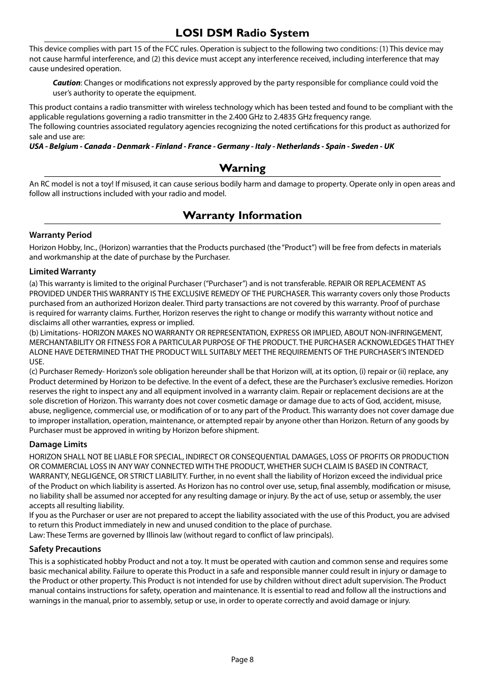 Losi dsm radio system, Warning, Warranty information | Losi LOSB0221 Manual User Manual | Page 8 / 12