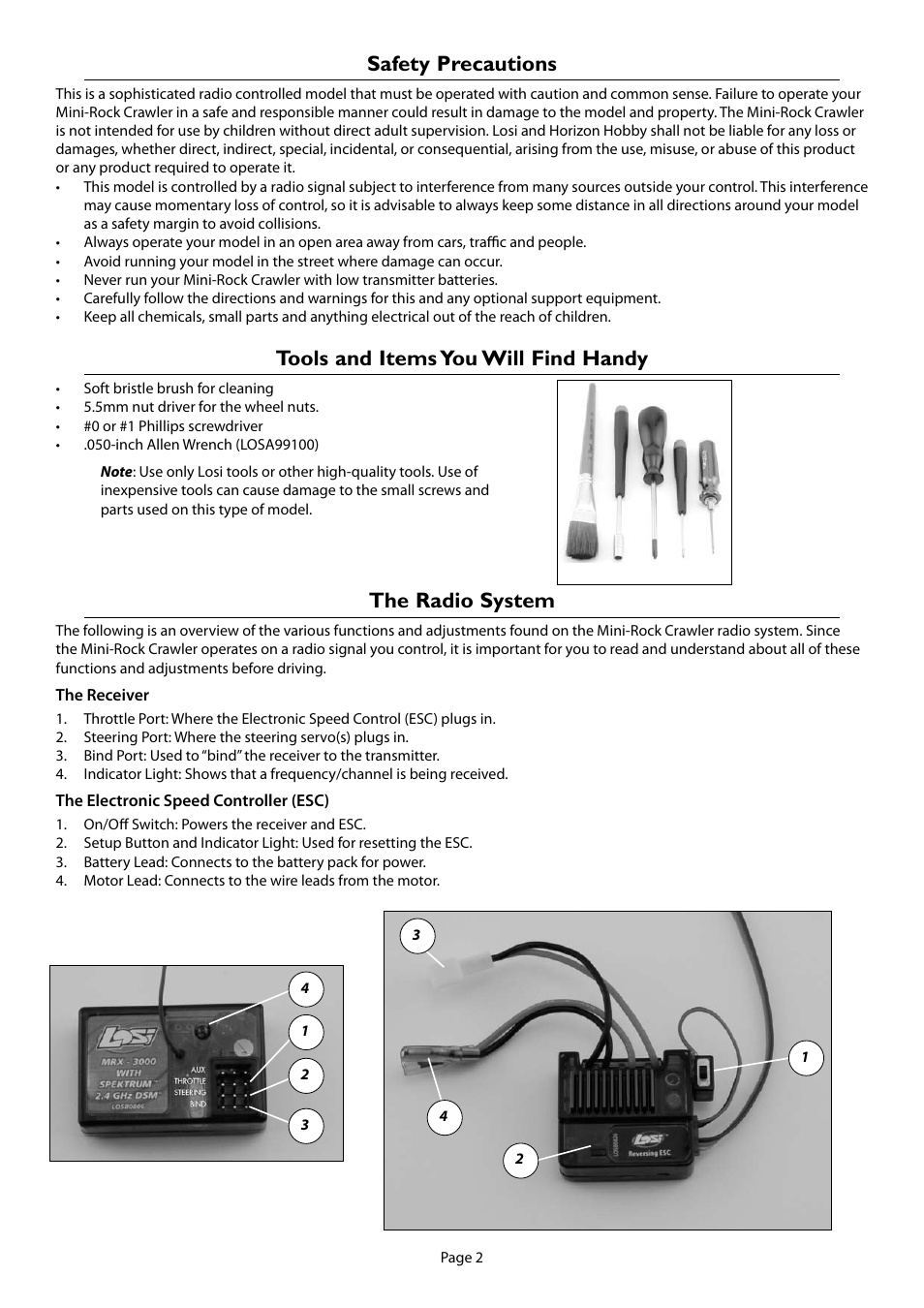 Safety precautions, Tools and items you will find handy, The radio system | Losi LOSB0222BD Manual User Manual | Page 2 / 16