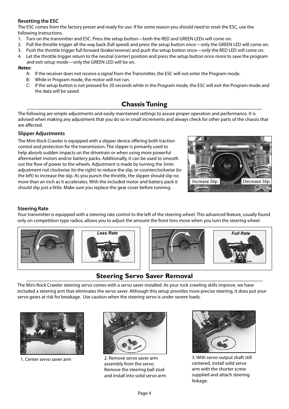 Chassis tuning, Steering servo saver removal | Losi LOSB0222BD Manual User Manual | Page 4 / 16