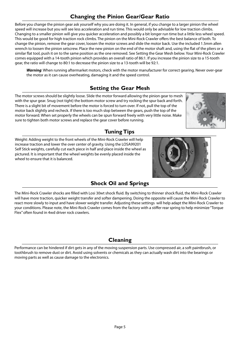 Changing the pinion gear/gear ratio, Setting the gear mesh, Tuning tips | Shock oil and springs, Cleaning | Losi LOSB0222BD Manual User Manual | Page 5 / 16