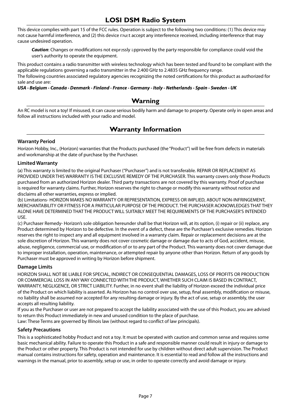 Losi dsm radio system, Warning, Warranty information | Losi LOSB0222BD Manual User Manual | Page 7 / 16