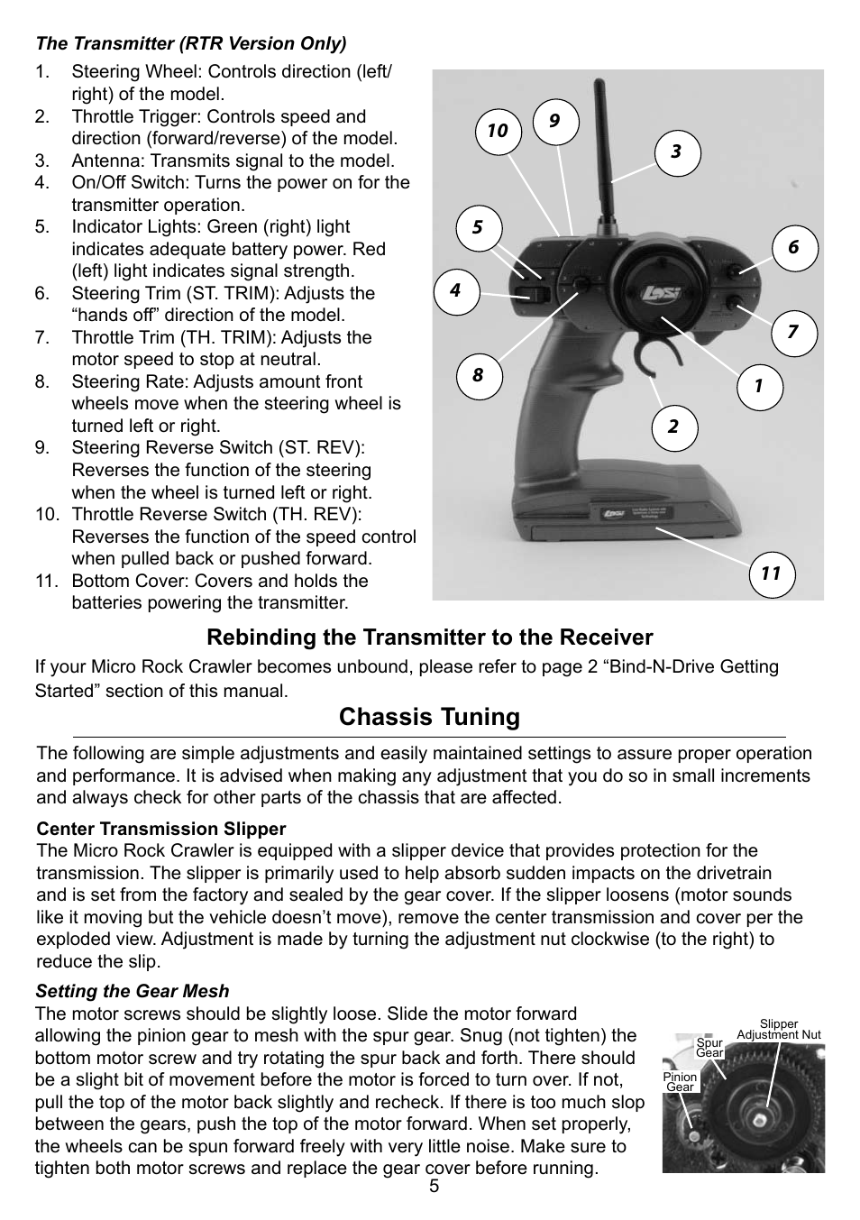 Chassis tuning, Rebinding the transmitter to the receiver | Losi LOSB0236BD User Manual | Page 5 / 12