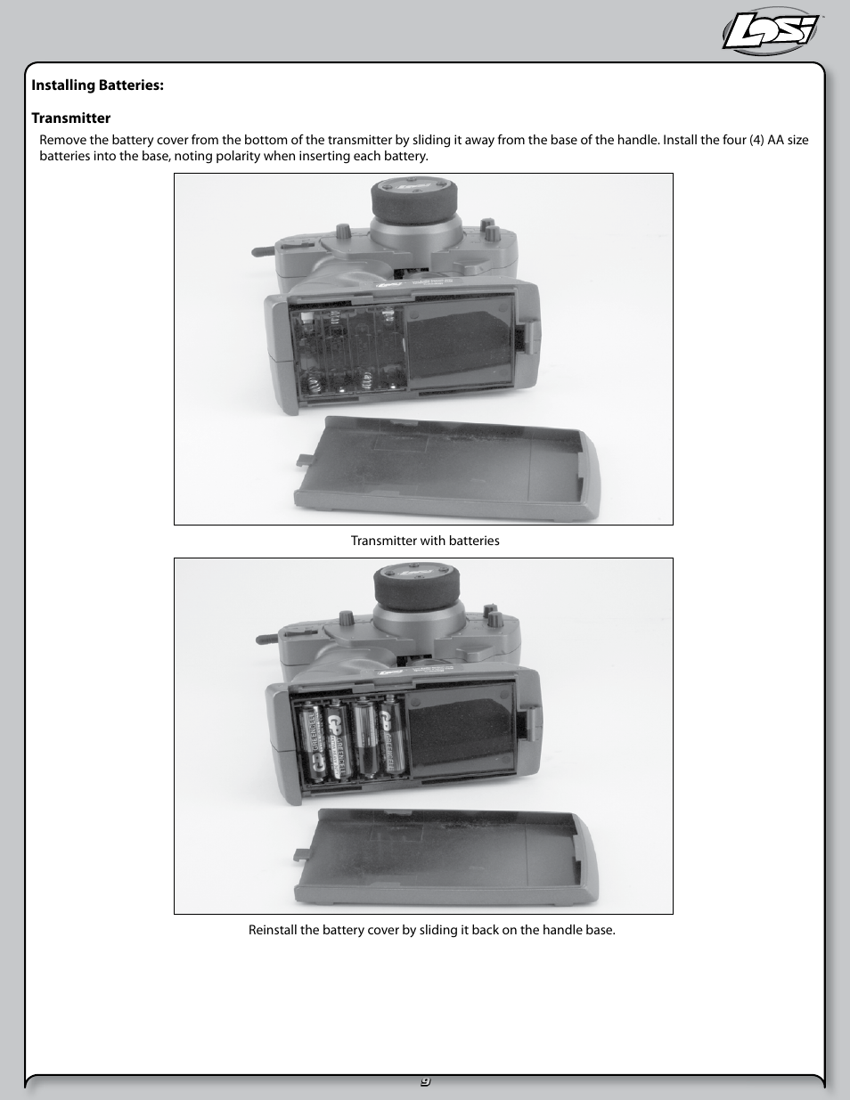 Installing batteries: transmitter | Losi LOSB0290 User Manual | Page 9 / 32