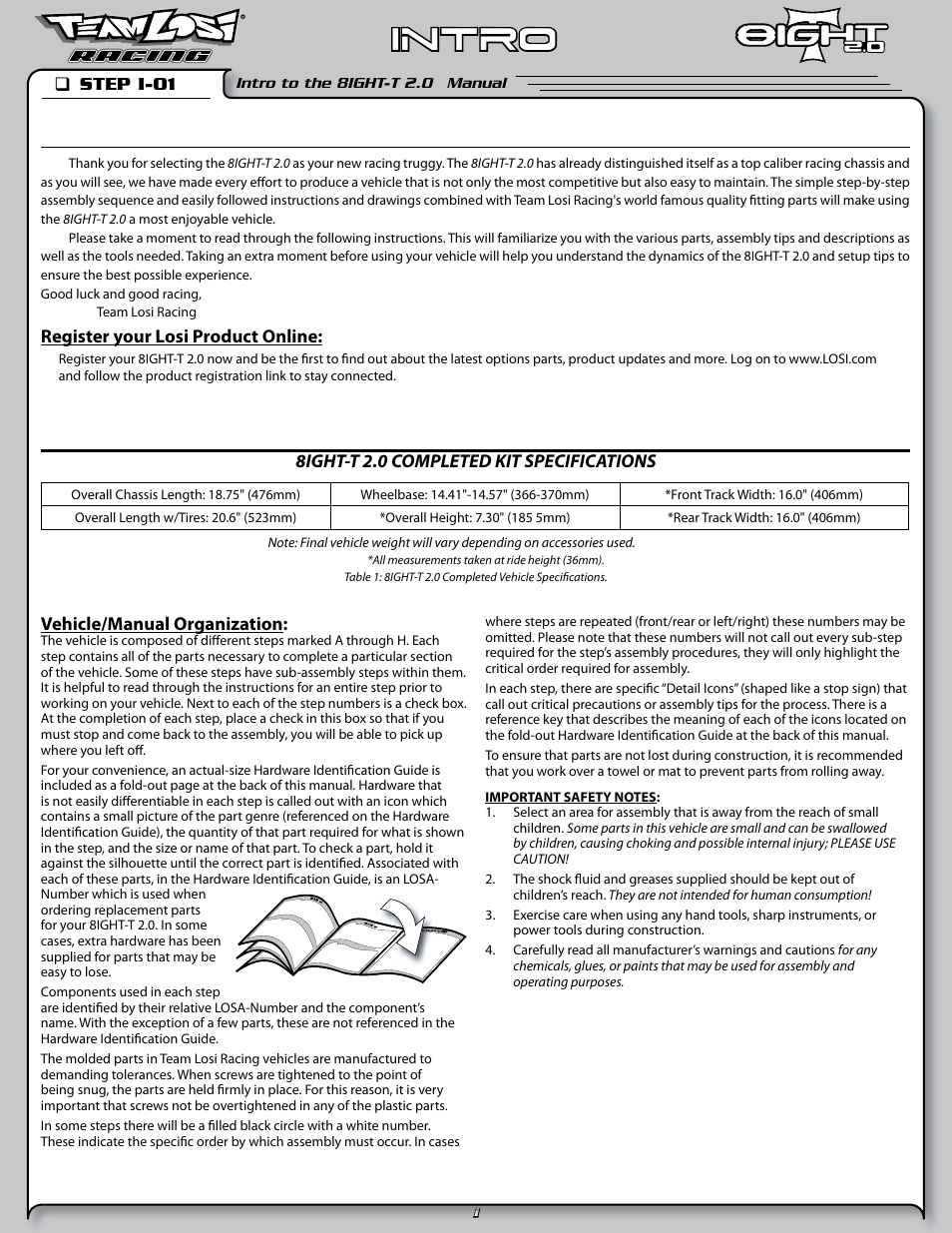Intro, Welcome team losi racing 8ight-t 2.0 owner | Losi LOSA0805 User Manual | Page 2 / 44