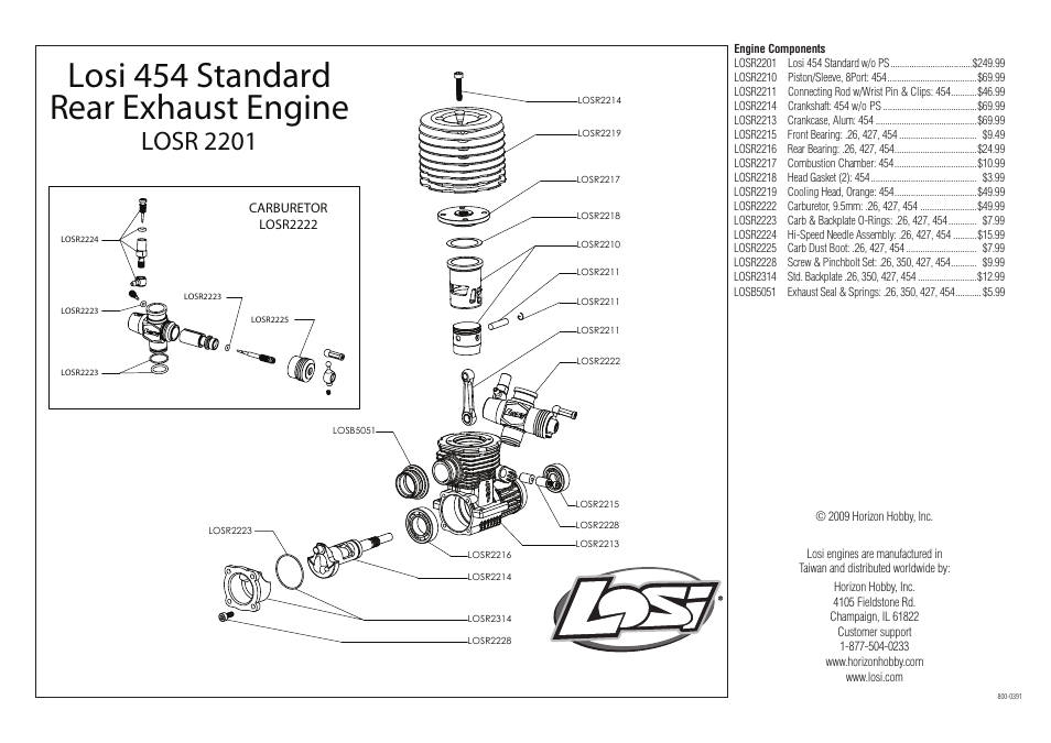 Losi 454 standard, Rear exhaust engine, Losr 2201 | Losi LOSR2201 User Manual | Page 4 / 4