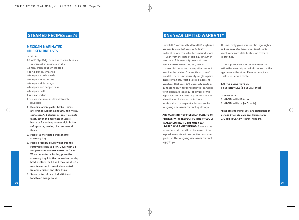 Steamed recipes cont’d, One year limited warranty | Breville RC19XL User Manual | Page 13 / 28