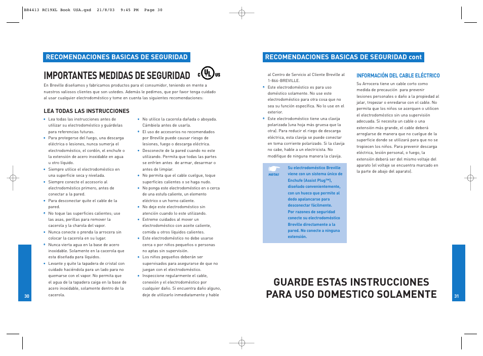 Importantes medidas de seguridad, Recomendaciones basicas de seguridad cont, Recomendaciones basicas de seguridad | Breville RC19XL User Manual | Page 16 / 28