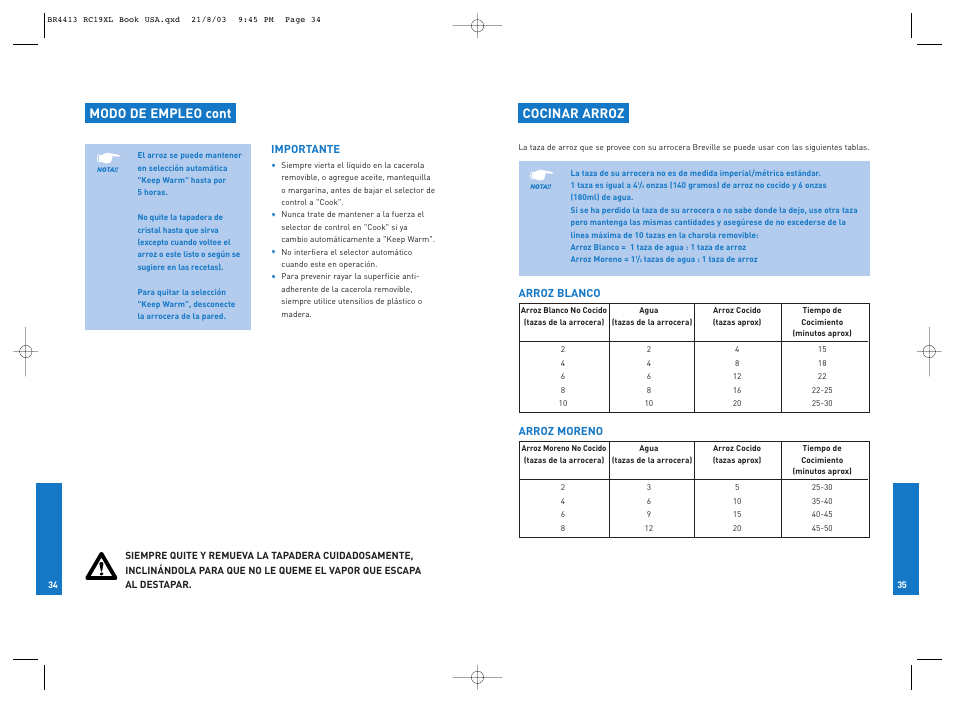 Modo de empleo cont, Cocinar arroz | Breville RC19XL User Manual | Page 18 / 28