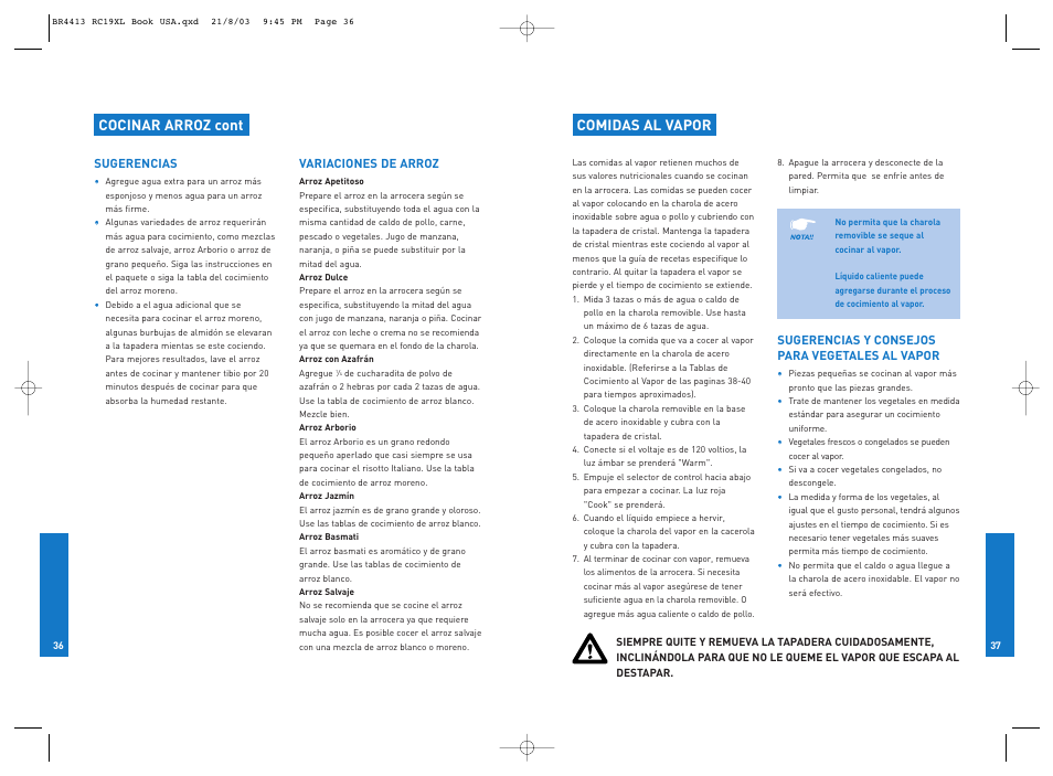 Comidas al vapor, Cocinar arroz cont | Breville RC19XL User Manual | Page 19 / 28