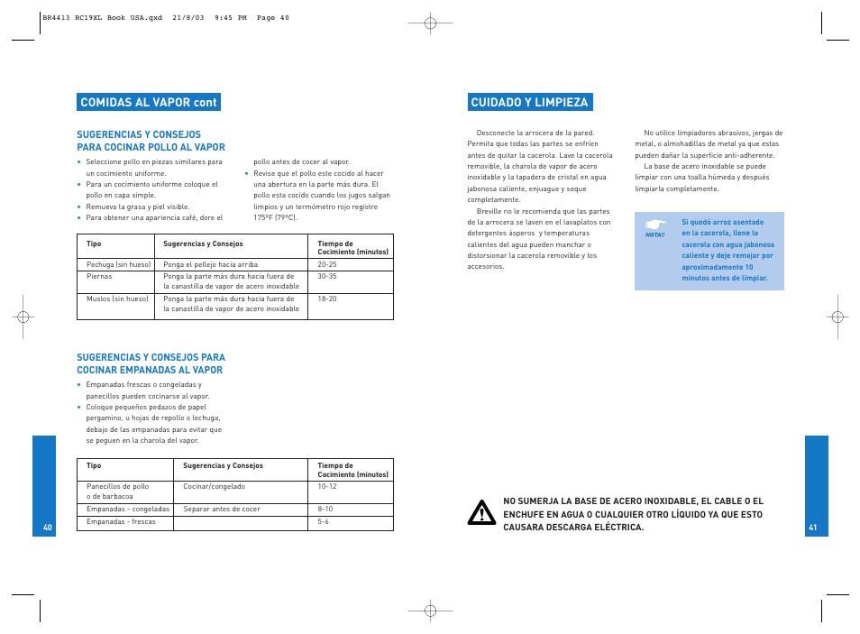 Comidas al vapor cont, Cuidado y limpieza | Breville RC19XL User Manual | Page 21 / 28