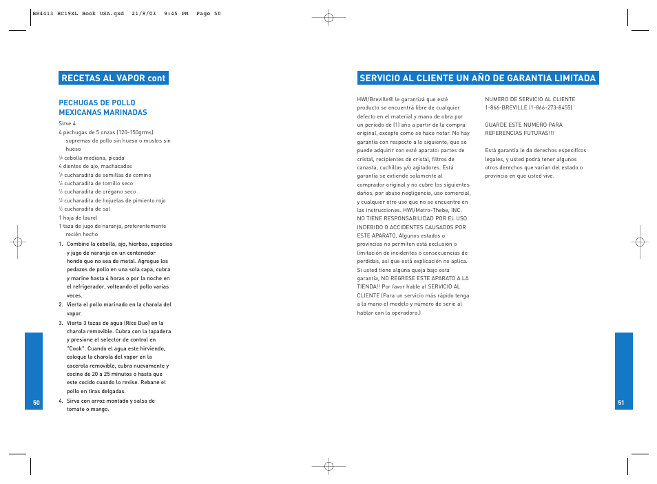 Recetas al vapor cont, Servicio al cliente un año de garantia limitada | Breville RC19XL User Manual | Page 26 / 28