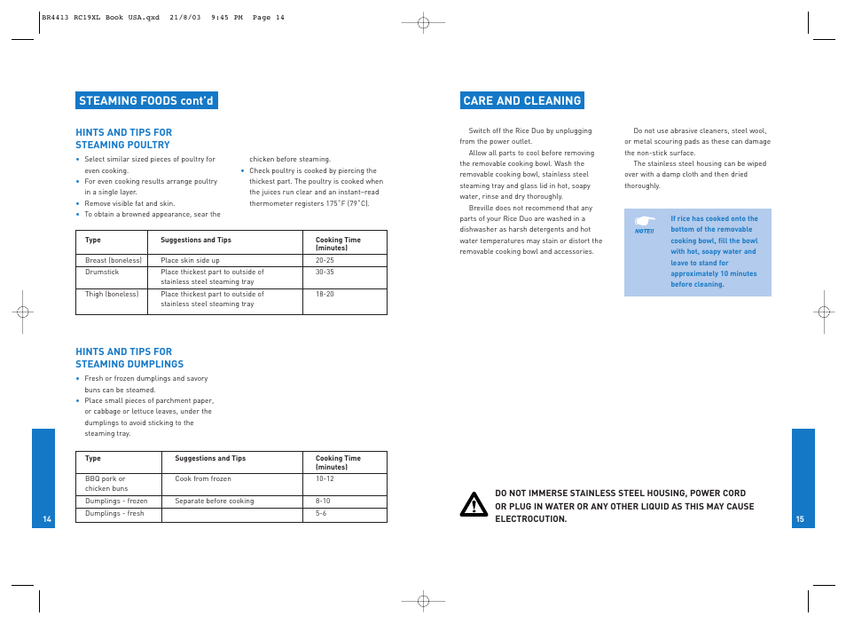 Steaming foods cont’d, Care and cleaning | Breville RC19XL User Manual | Page 8 / 28