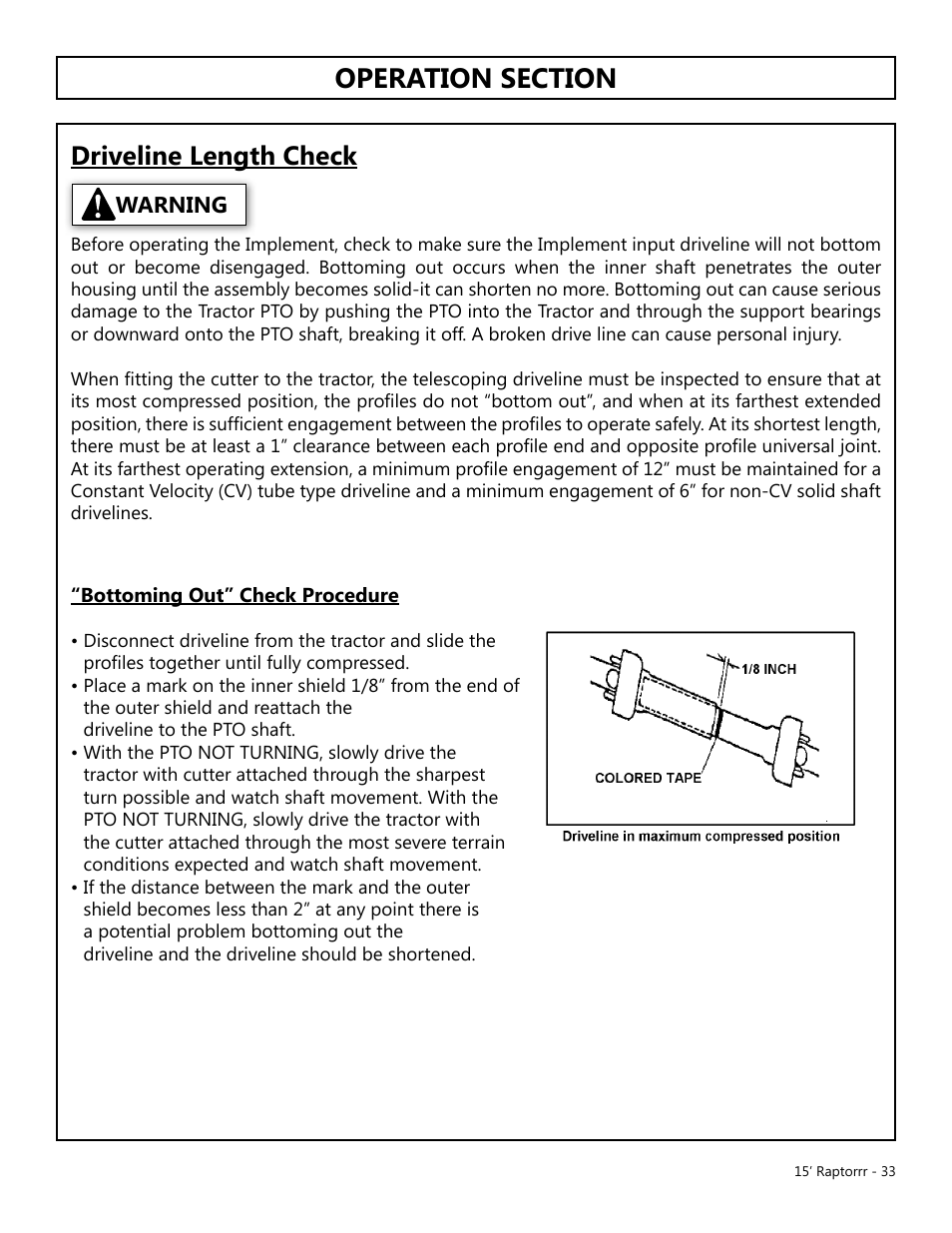 Operation, Opera t ion, Driveline length check | Warning | Modern AG 15' Raptor User Manual | Page 33 / 99