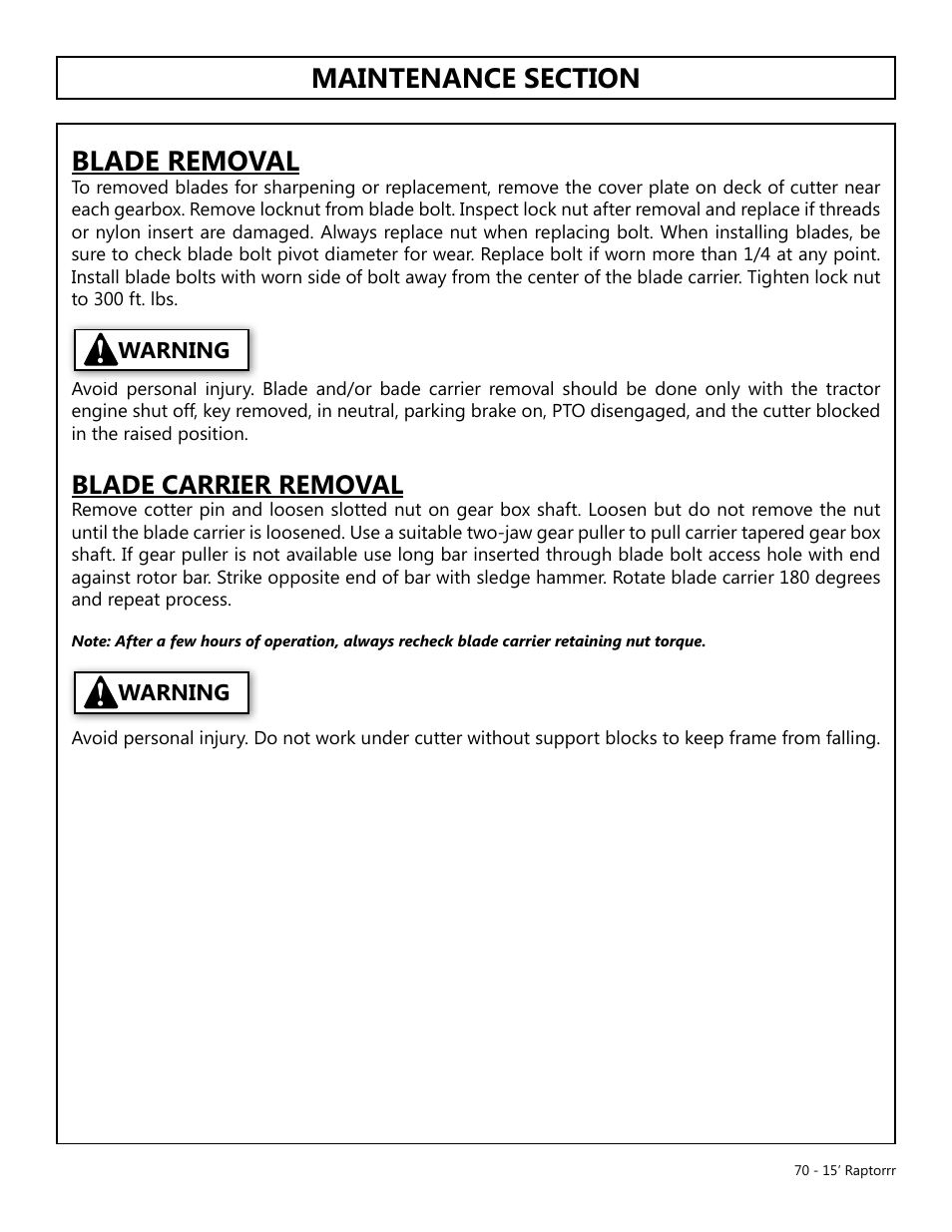 Blade carrier removal | Modern AG 15' Raptor User Manual | Page 70 / 99