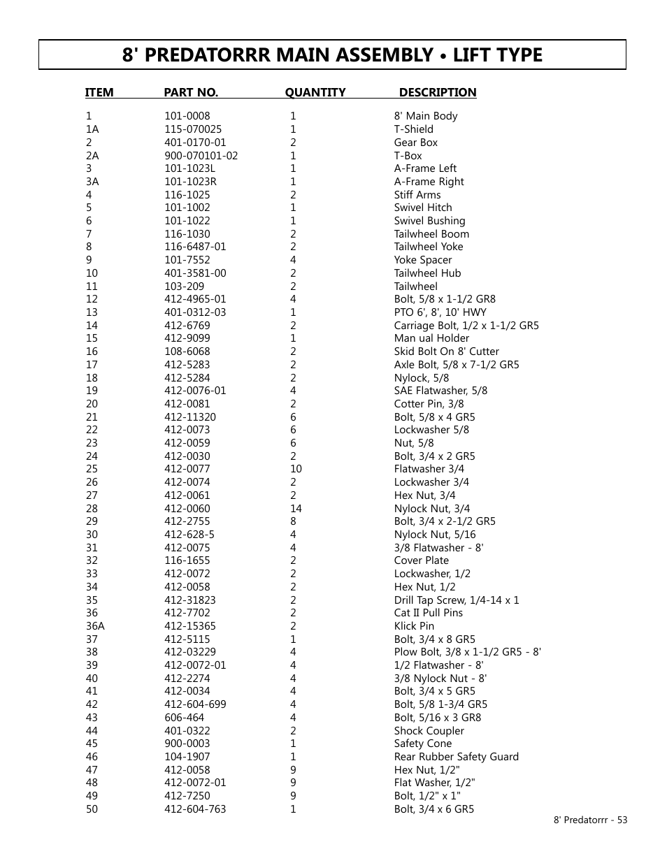 8' predatorrr main assembly • lift type | Modern AG 8' Predator User Manual | Page 53 / 74