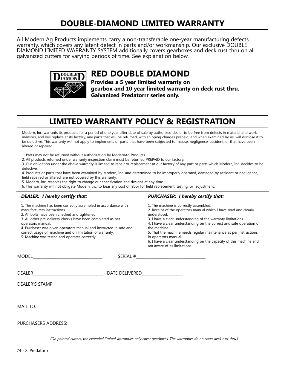 Red double diamond double-diamond limited warranty, Limited warranty policy & registration | Modern AG 8' Predator User Manual | Page 74 / 74