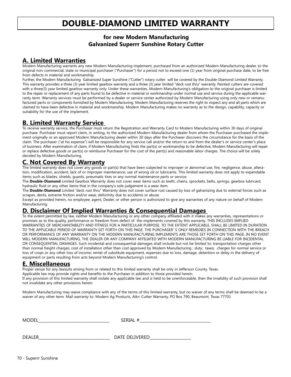 Double-diamond limited warranty, A. limited warranties, B. limited warranty service | C. not covered by warranty, E. miscellaneous | Modern AG Super Sunshine User Manual | Page 70 / 71