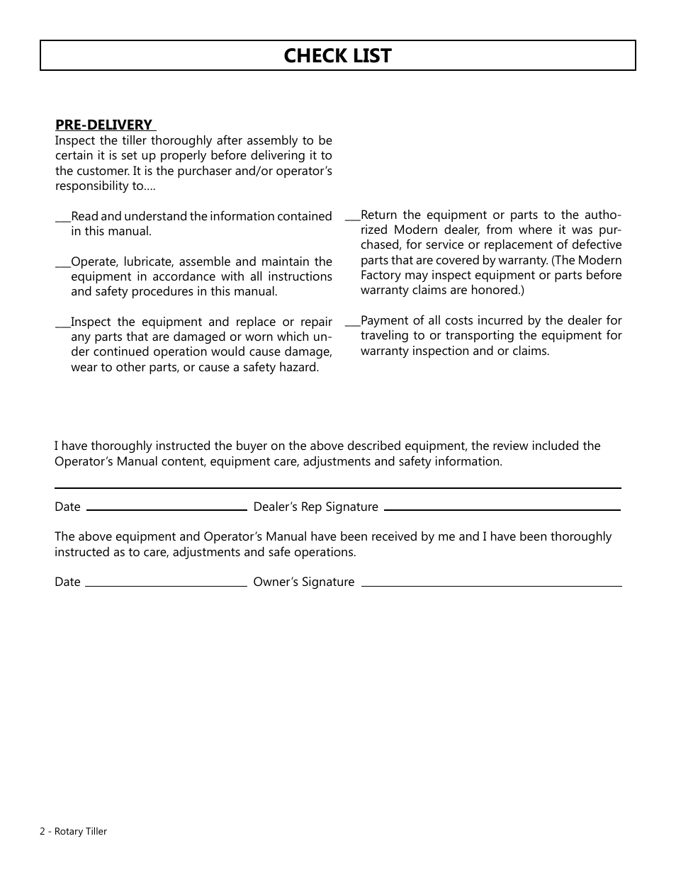 Check list | Modern AG Tiller User Manual | Page 2 / 20