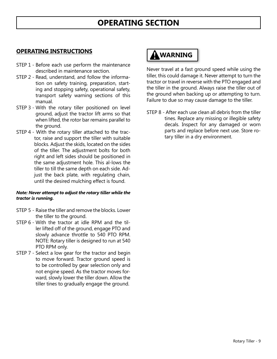 Warning | Modern AG Tiller User Manual | Page 9 / 20
