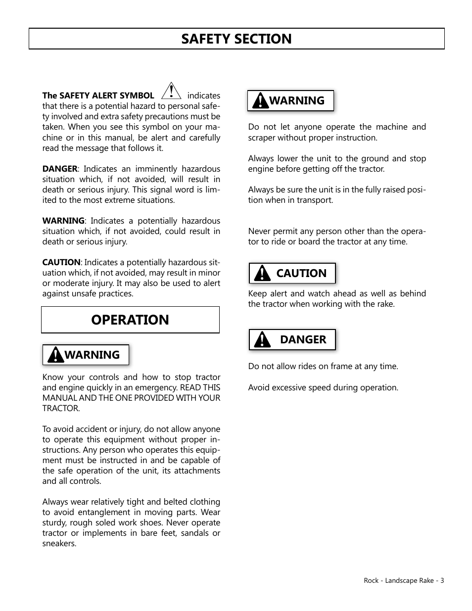 Warning, Warning caution danger | Modern AG Rock & Landscape Rakes User Manual | Page 3 / 8