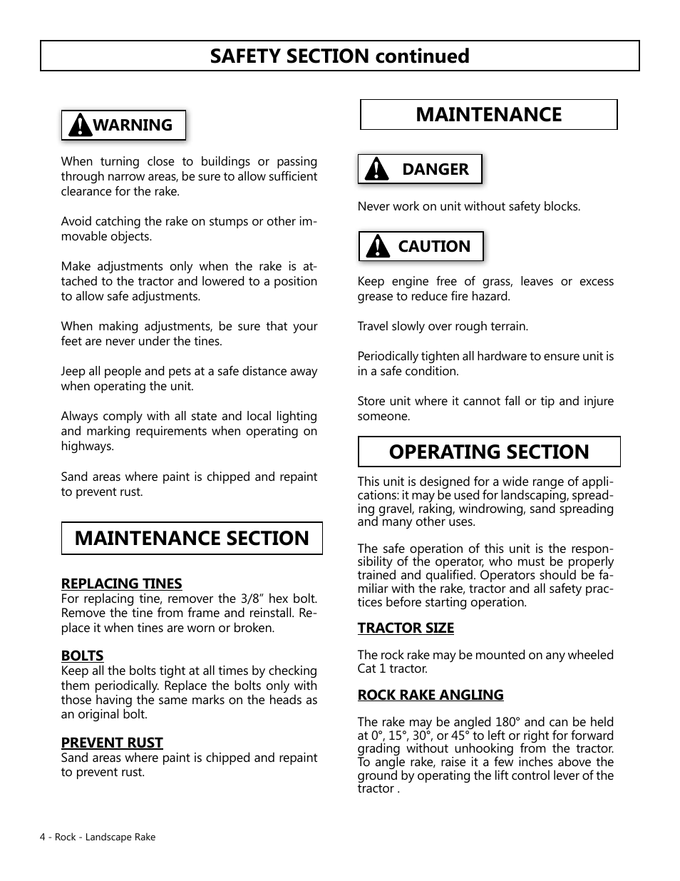 Warning caution danger | Modern AG Rock & Landscape Rakes User Manual | Page 4 / 8