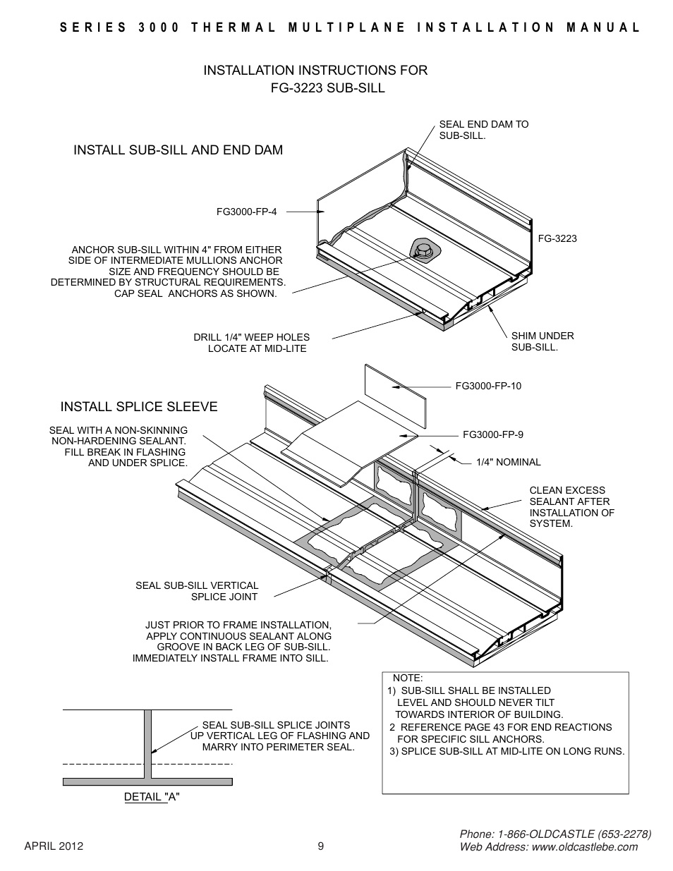Install-fg-3223-subsill, Install sub-sill and end dam install splice sleeve, Installation instructions for fg-3223 sub-sill | Oldcastle BuildingEnvelope 3000 Series Thermal MultiPlane User Manual | Page 9 / 55