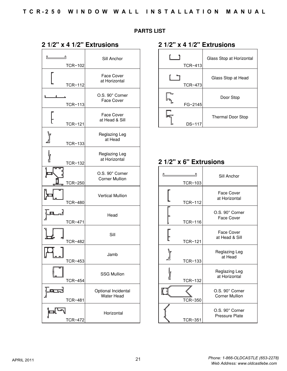 21 parts list | Oldcastle BuildingEnvelope TCR-250 User Manual | Page 23 / 27