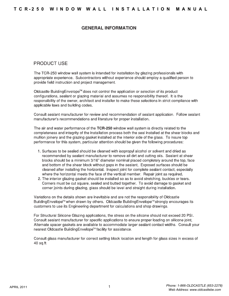 01 general info | Oldcastle BuildingEnvelope TCR-250 User Manual | Page 3 / 27