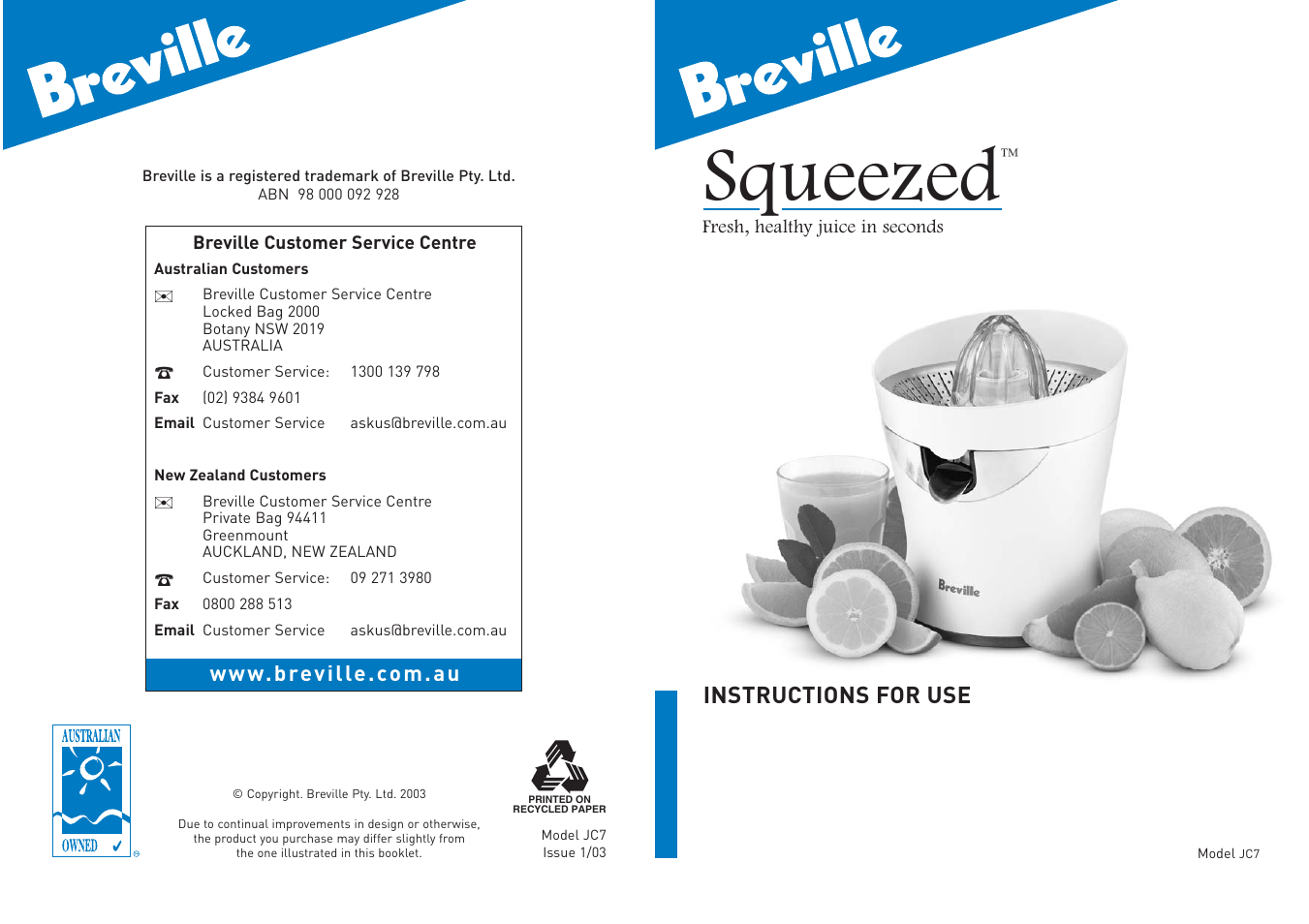 Breville JC7 User Manual | 4 pages
