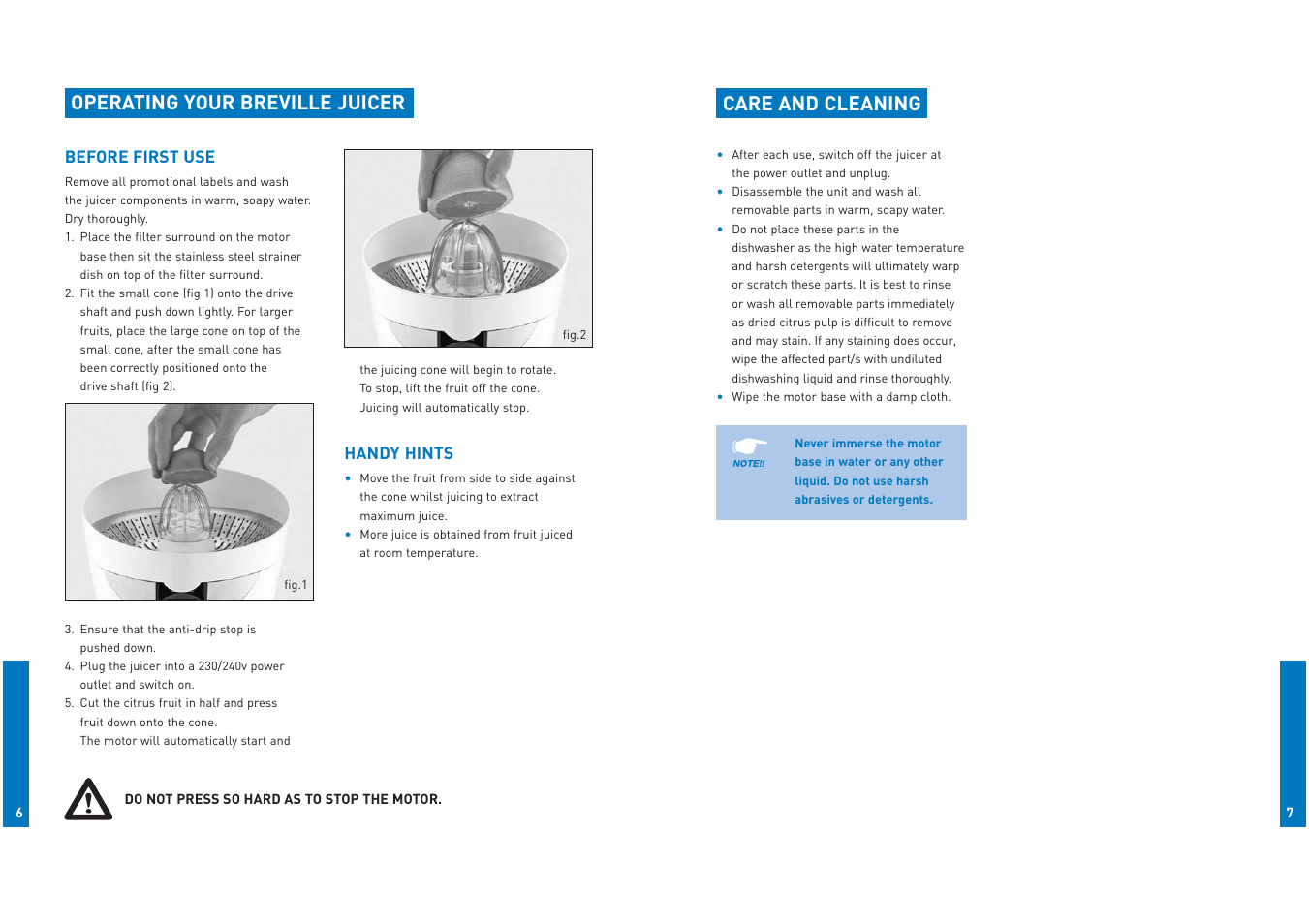 Care and cleaning, Operating your breville juicer | Breville JC7 User Manual | Page 4 / 4
