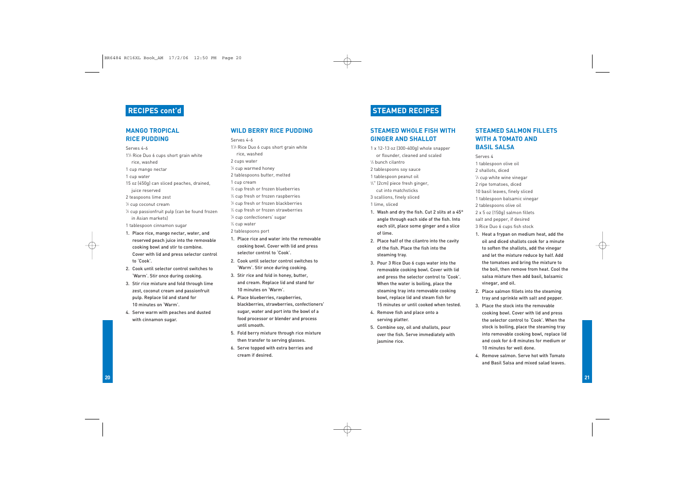 Recipes cont’d, Steamed recipes | Breville RC16XL User Manual | Page 11 / 26