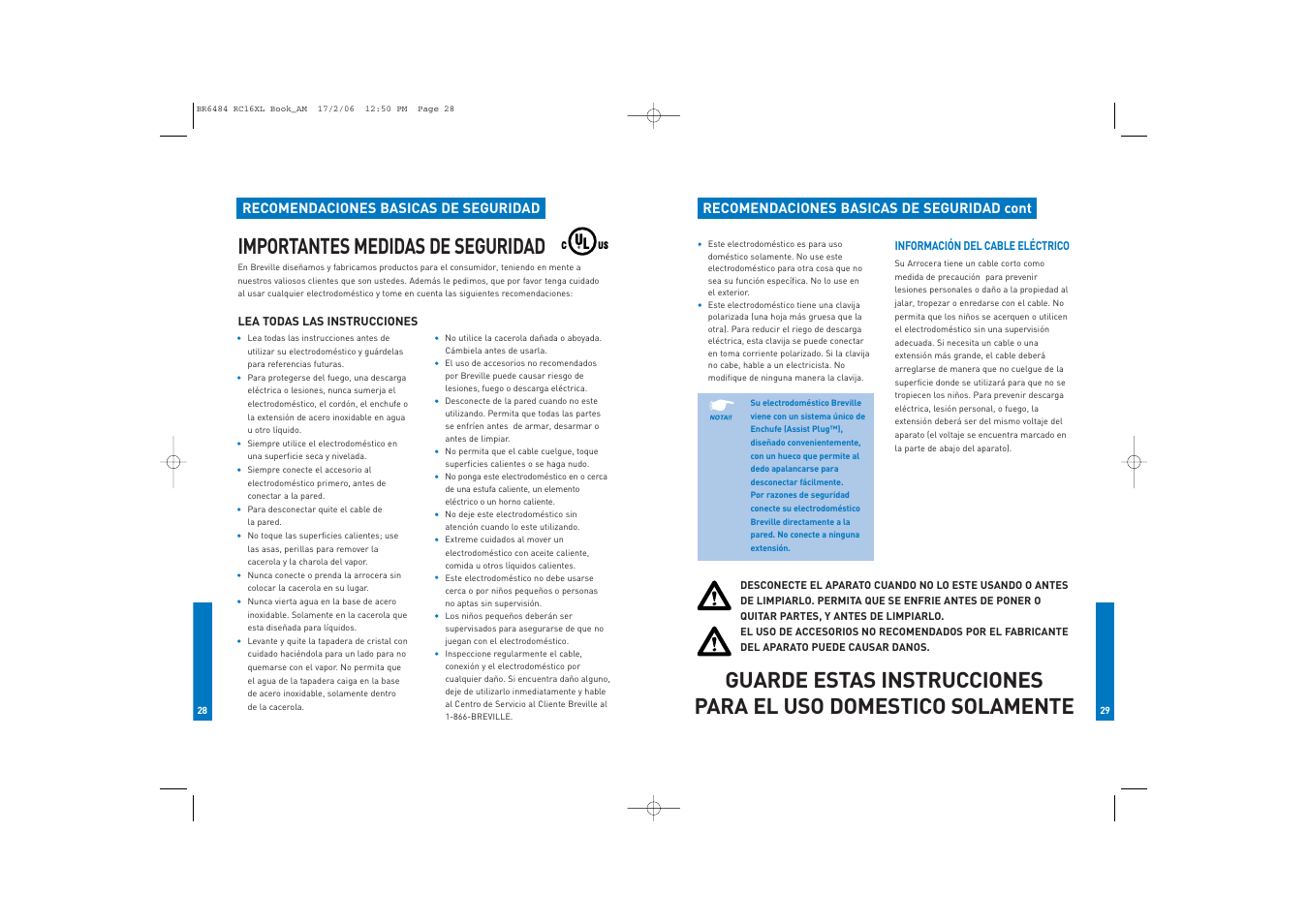 Importantes medidas de seguridad, Recomendaciones basicas de seguridad cont, Recomendaciones basicas de seguridad | Breville RC16XL User Manual | Page 15 / 26