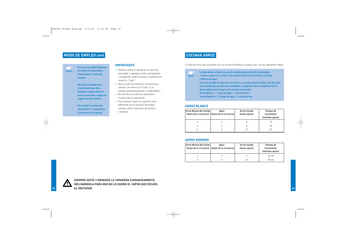 Modo de empleo cont, Cocinar arroz | Breville RC16XL User Manual | Page 17 / 26