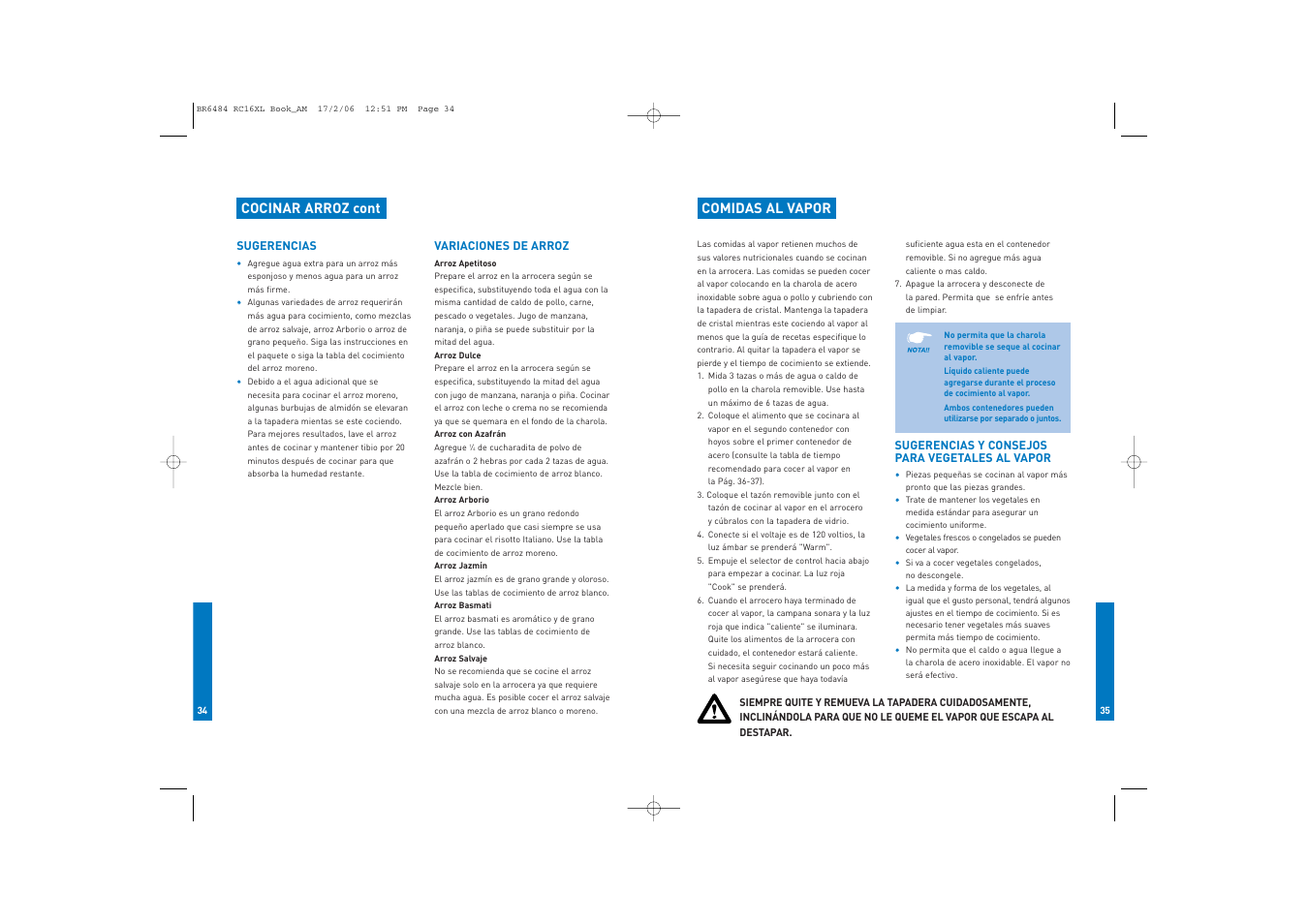 Comidas al vapor, Cocinar arroz cont | Breville RC16XL User Manual | Page 18 / 26