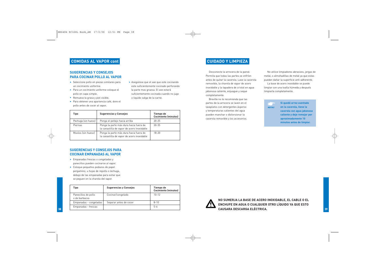 Comidas al vapor cont, Cuidado y limpieza | Breville RC16XL User Manual | Page 20 / 26