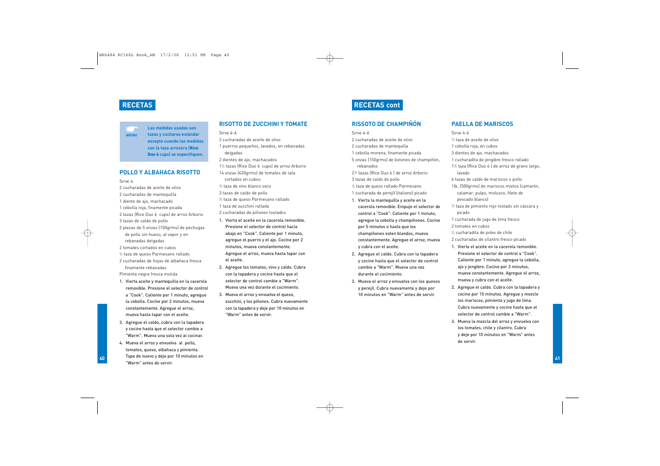 Recetas, Recetas cont | Breville RC16XL User Manual | Page 21 / 26