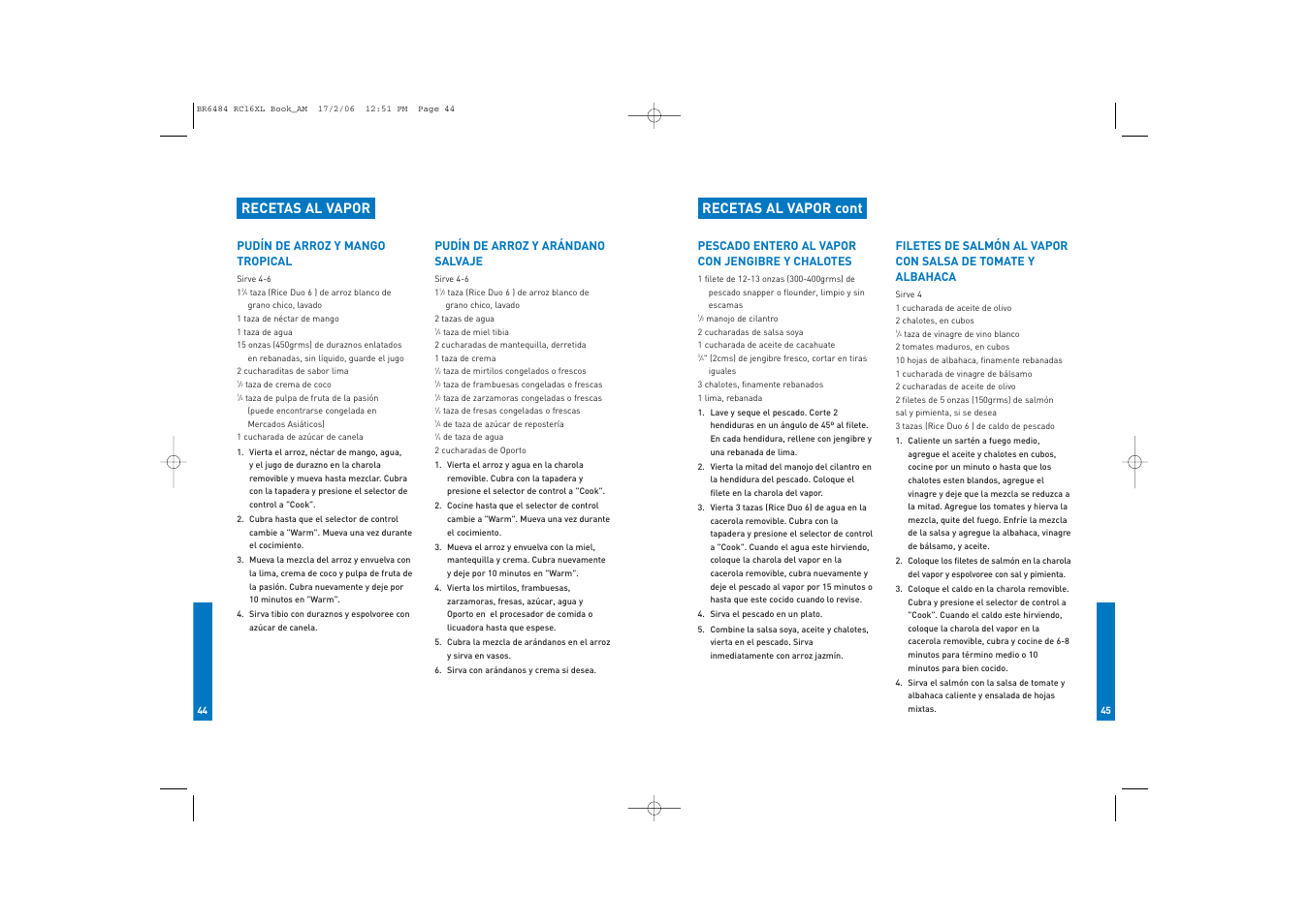 Recetas al vapor, Recetas al vapor cont | Breville RC16XL User Manual | Page 23 / 26