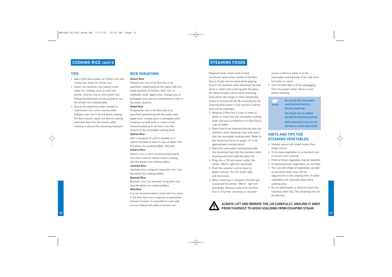 Steaming foods, Cooking rice cont’d | Breville RC16XL User Manual | Page 6 / 26