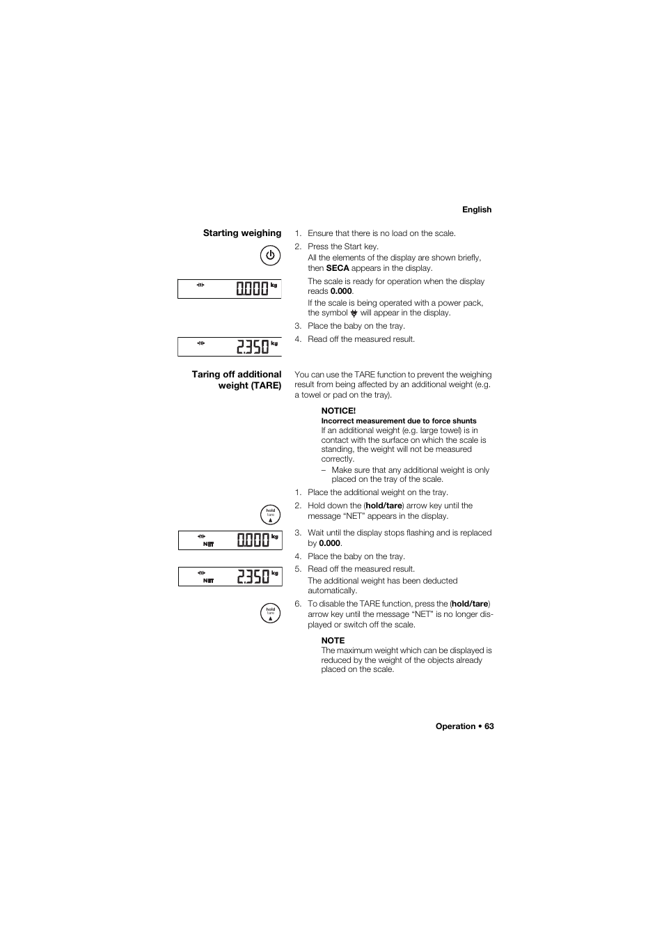 Starting weighing, Taring off additional weight (tare) | Seca 757 band_1 User Manual | Page 63 / 307