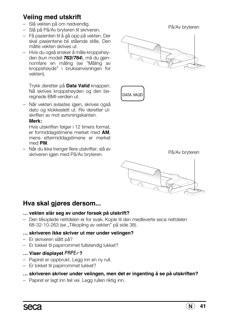 Veiing med utskrift, Hva skal gjøres dersom | Seca 763 printer-module User Manual | Page 41 / 72