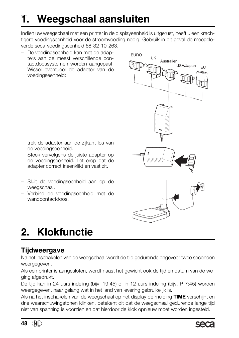 Nederlands, Weegschaal aansluiten, Klokfunctie | Tijdweergave, G 48 | Seca 763 printer-module User Manual | Page 48 / 72