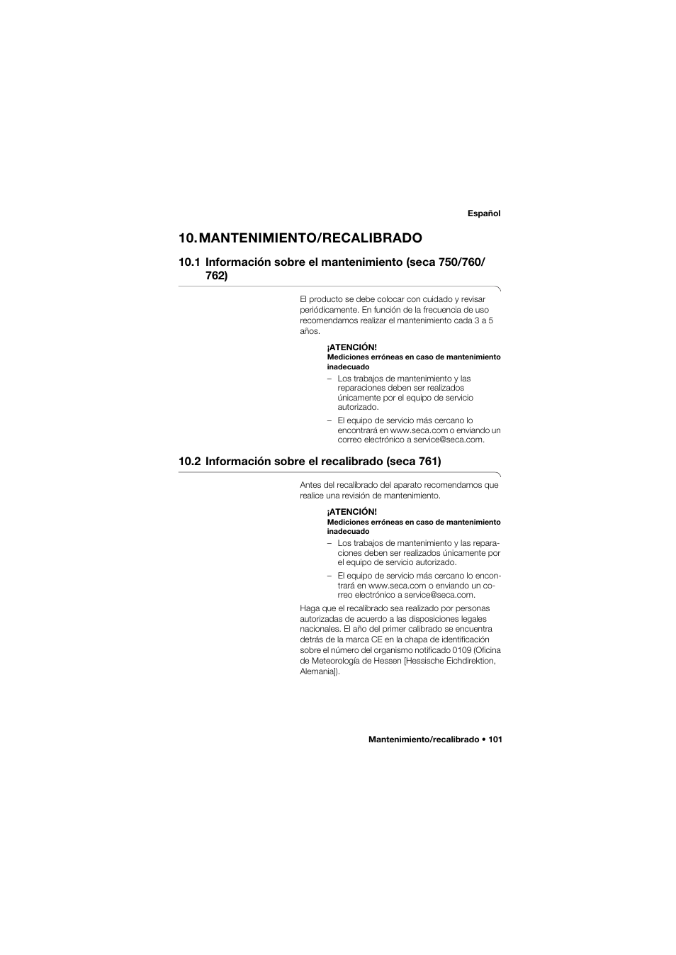 Mantenimiento/recalibrado, 2 información sobre el recalibrado (seca 761) | Seca 762 User Manual | Page 101 / 156