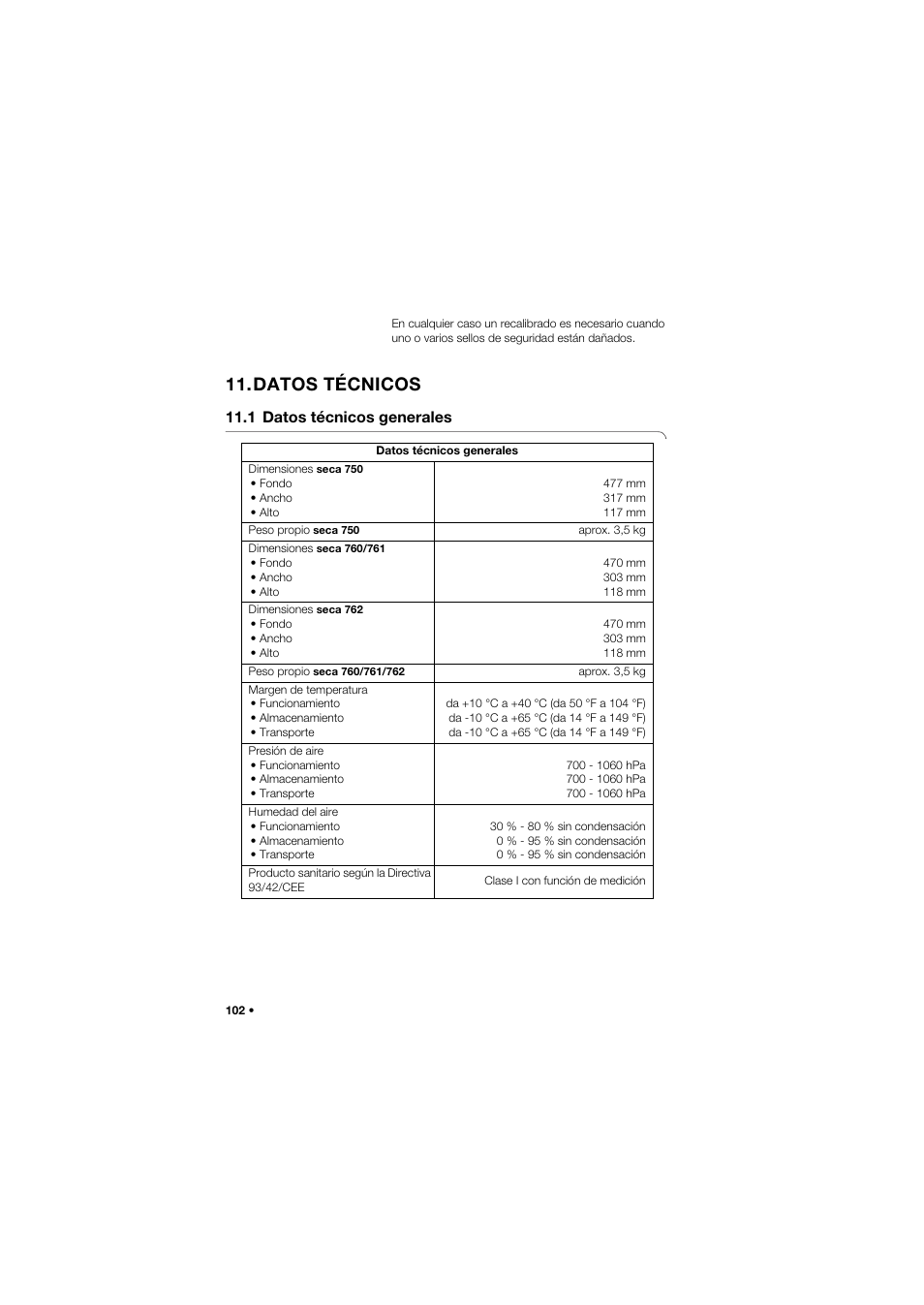 Datos técnicos, 1 datos técnicos generales | Seca 762 User Manual | Page 102 / 156