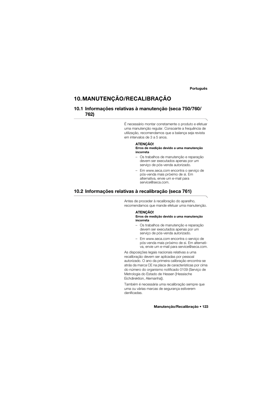 Manutenção/recalibração, 2 informações relativas à recalibração (seca 761) | Seca 762 User Manual | Page 123 / 156