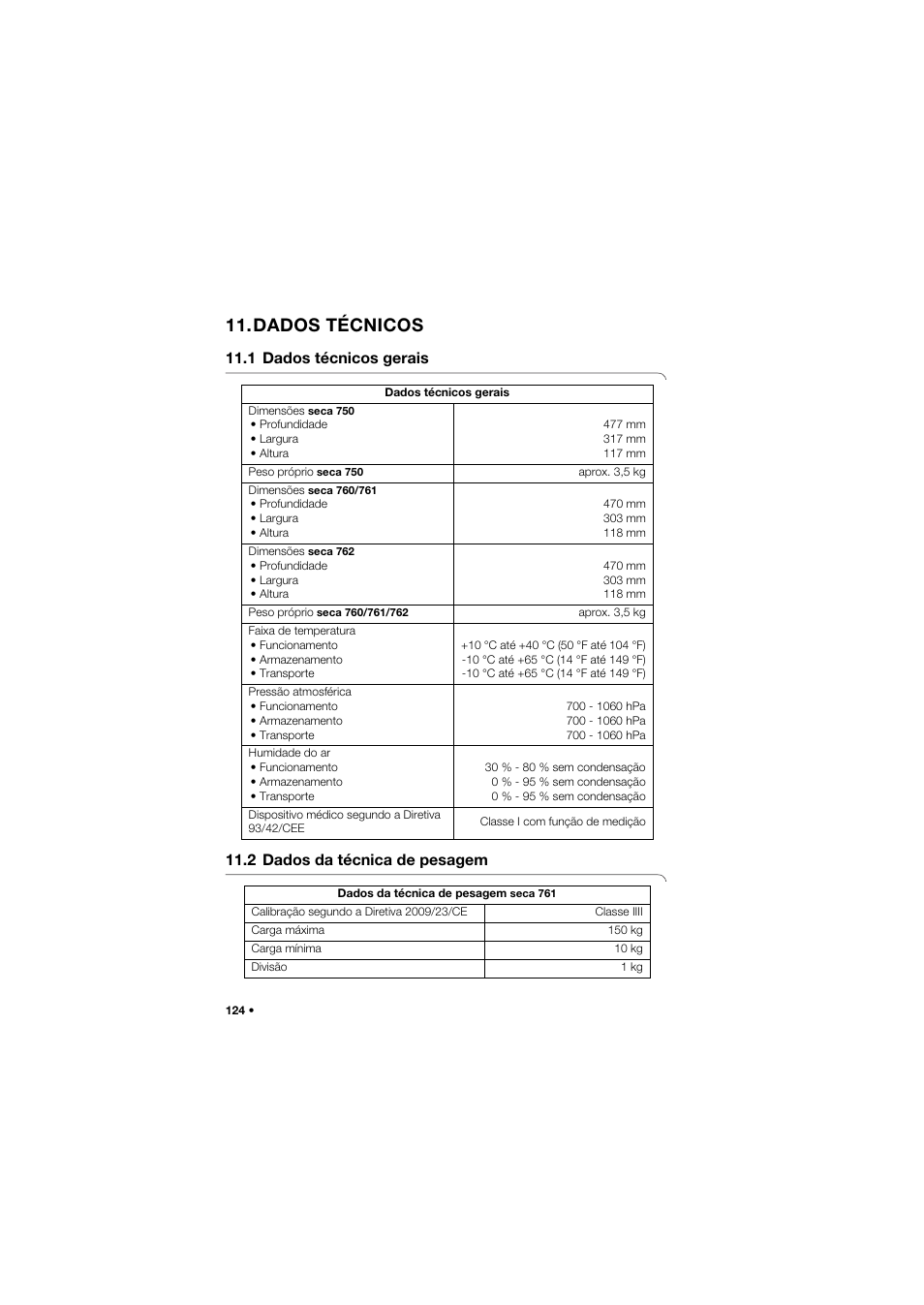 Dados técnicos, 1 dados técnicos gerais, 2 dados da técnica de pesagem | Seca 762 User Manual | Page 124 / 156