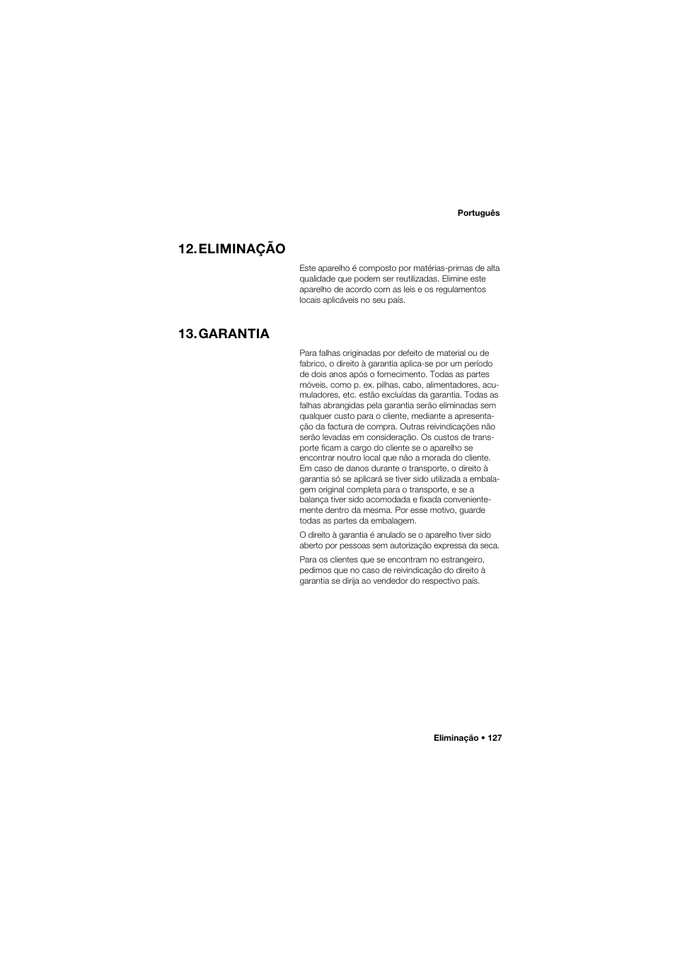 Eliminação, Garantia | Seca 762 User Manual | Page 127 / 156