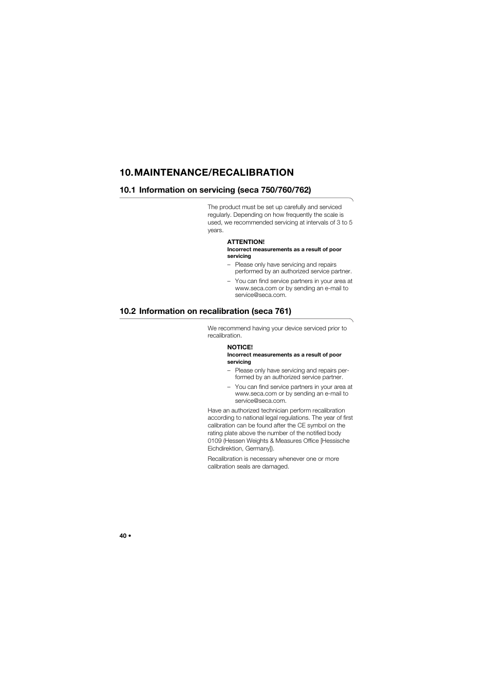 Maintenance/recalibration, 1 information on servicing (seca 750/760/762), 2 information on recalibration (seca 761) | Seca 762 User Manual | Page 40 / 156